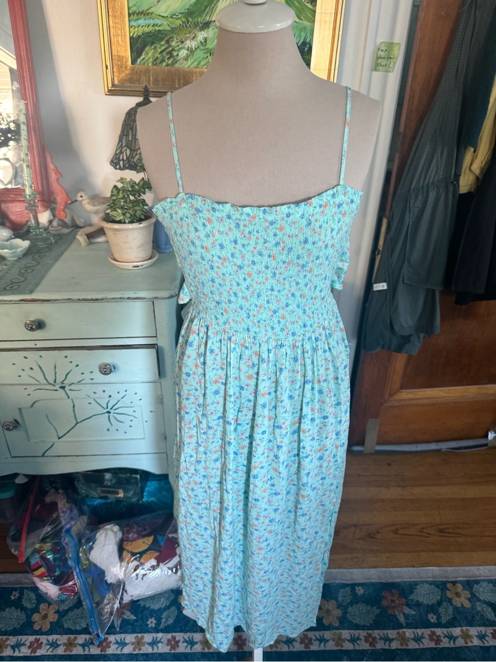 Aeropostale Mint Green Floral Smocked Midi Dress Tie Back S Summer Sundress VGUC